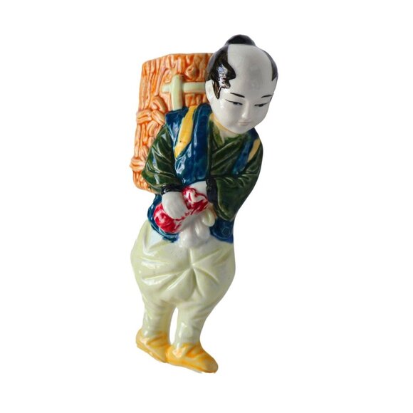 Vintage Hand-Painted Ceramic Wall Pocket Of Japanese Man With Basket - Picture 2 of 5